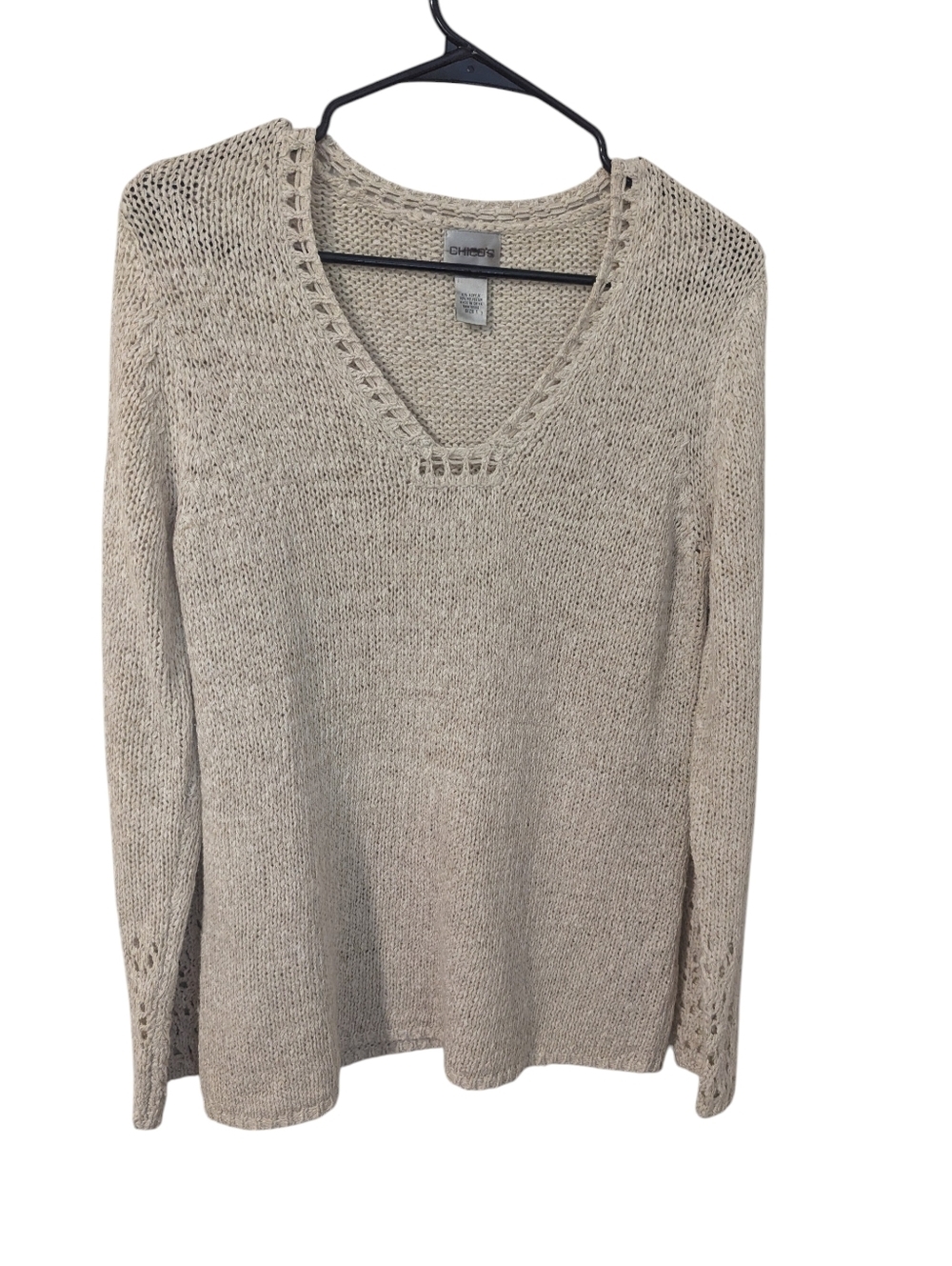 Chicos, Cream Open-Knit V-Neck Sweater, Size M